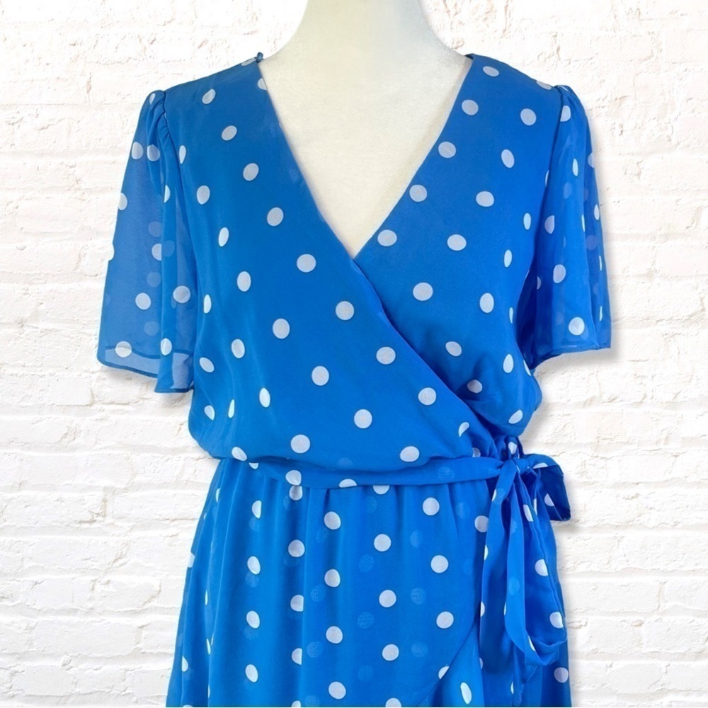 Francesca’s Mi ami Blue Polka Dot Wrap Mini Dress with Ruffle Size Small - Picture 6 of 11